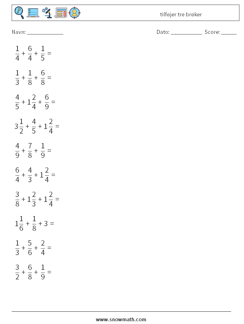 (10) tilføjer tre brøker Matematiske regneark 11