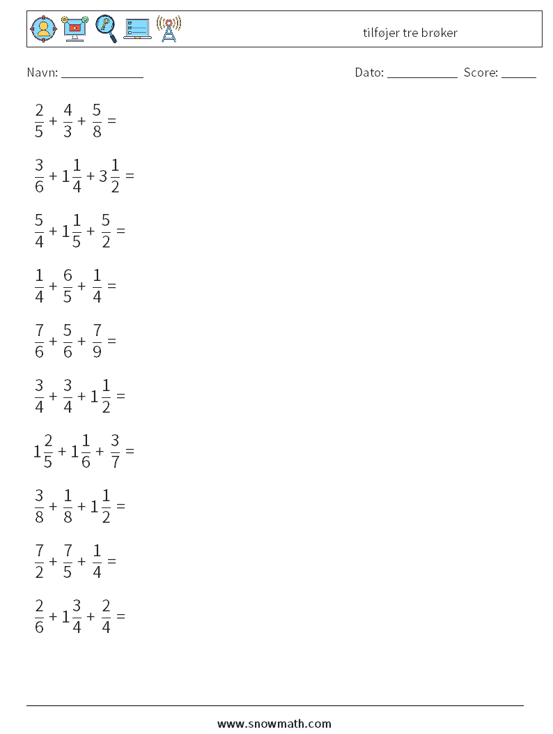 (10) tilføjer tre brøker Matematiske regneark 12