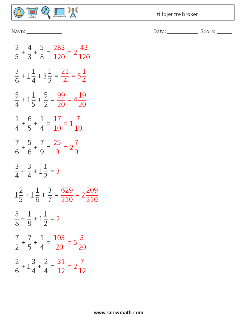 (10) tilføjer tre brøker Matematiske regneark 12 Spørgsmål, svar