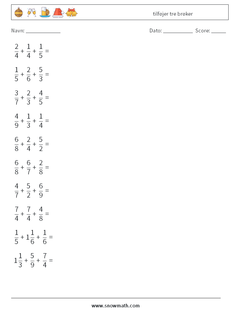 (10) tilføjer tre brøker Matematiske regneark 13