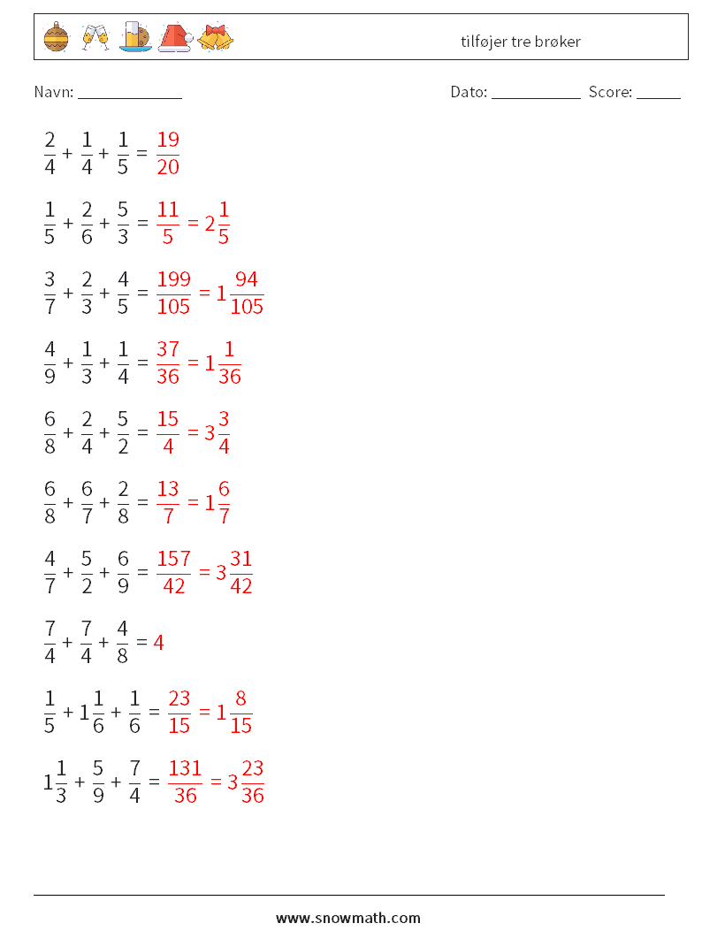 (10) tilføjer tre brøker Matematiske regneark 13 Spørgsmål, svar