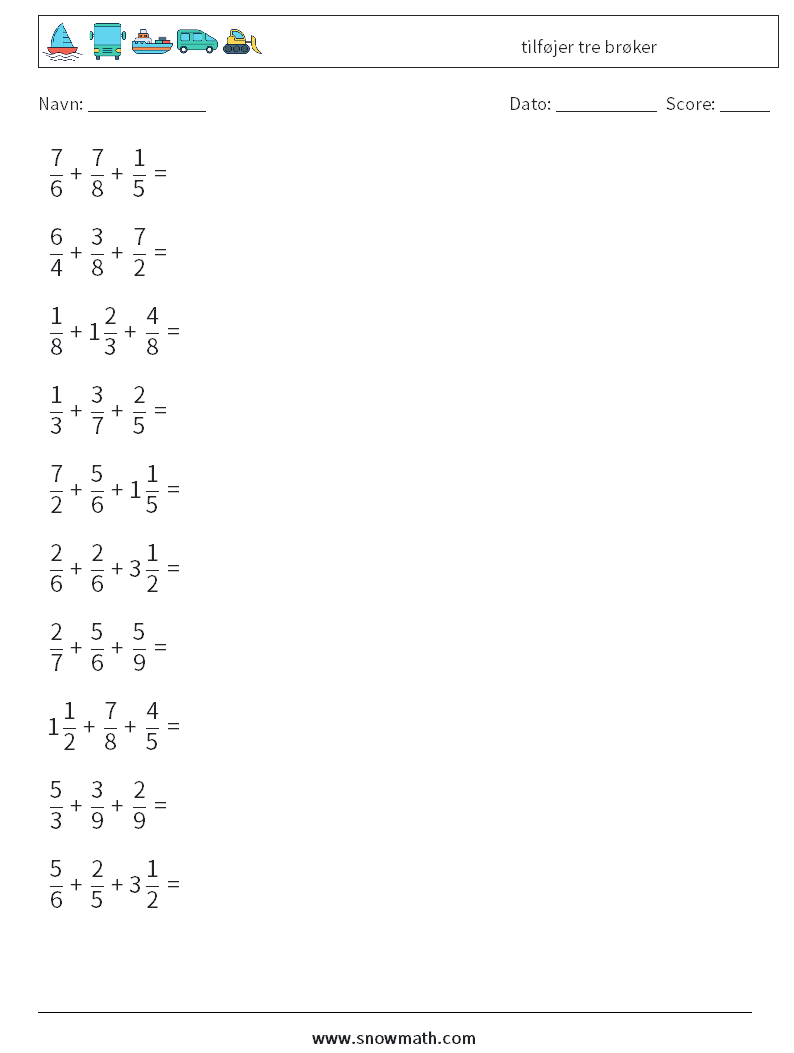 (10) tilføjer tre brøker Matematiske regneark 14