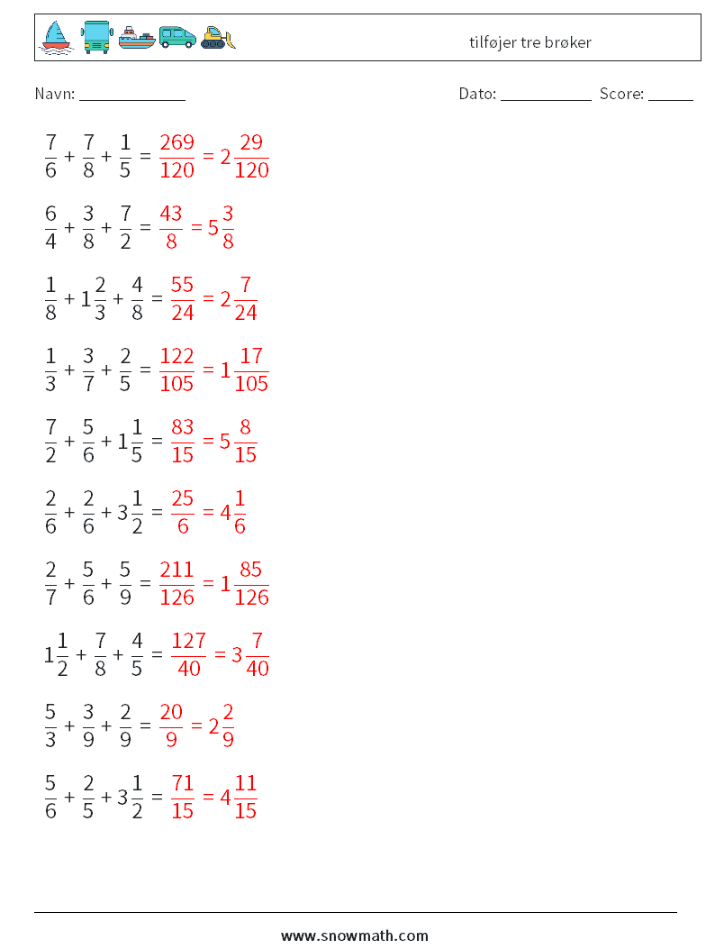 (10) tilføjer tre brøker Matematiske regneark 14 Spørgsmål, svar