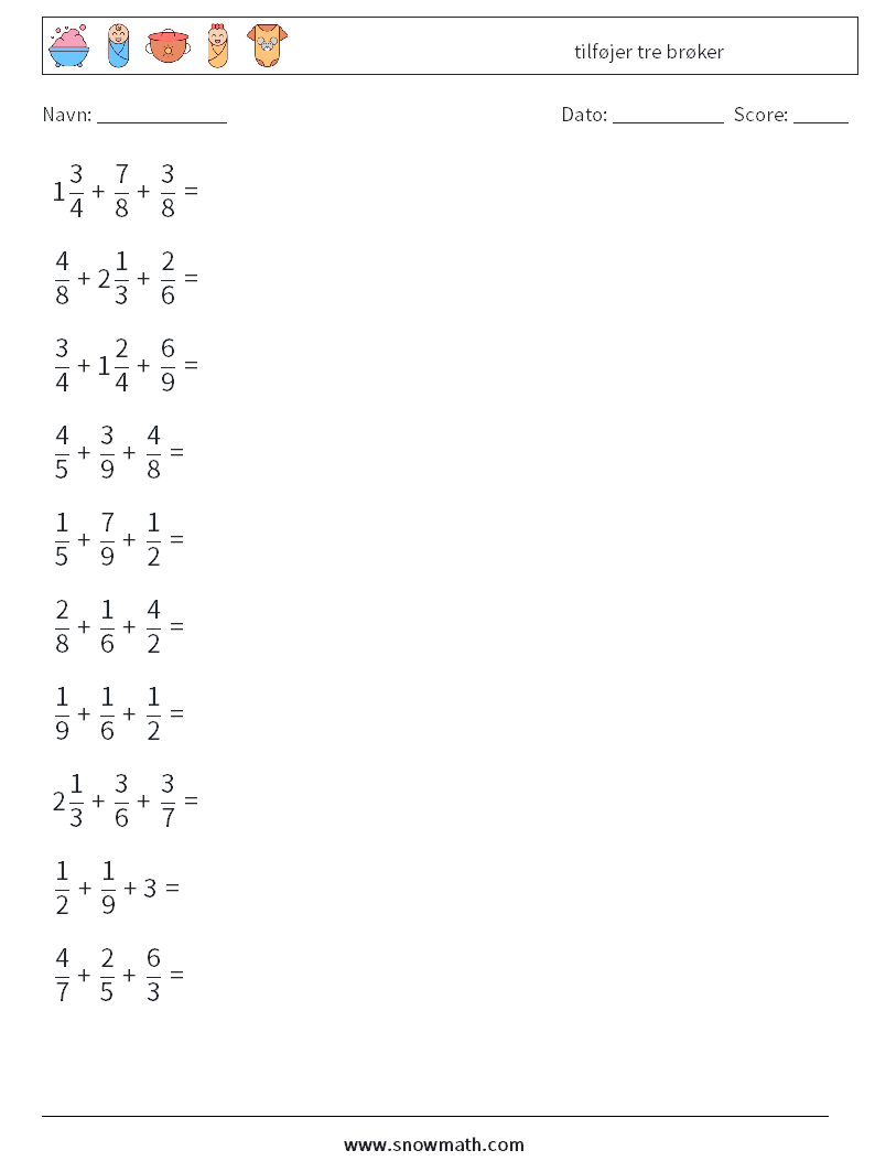 (10) tilføjer tre brøker Matematiske regneark 15