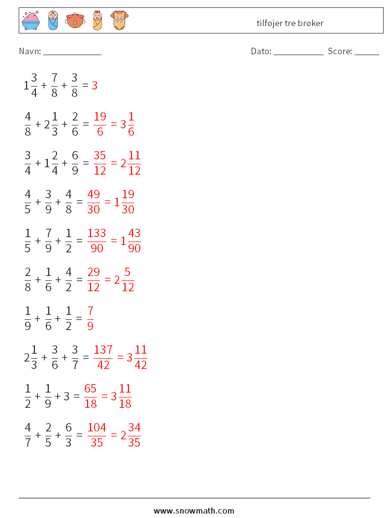 (10) tilføjer tre brøker Matematiske regneark 15 Spørgsmål, svar