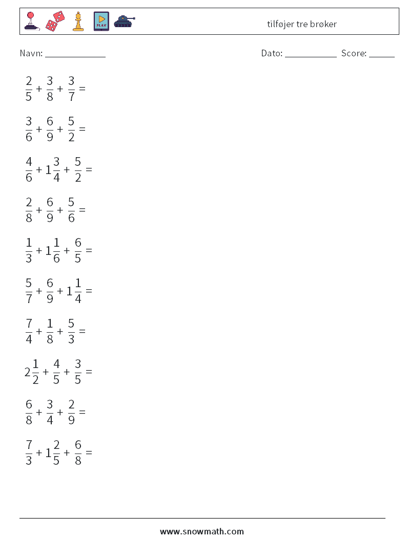 (10) tilføjer tre brøker Matematiske regneark 16