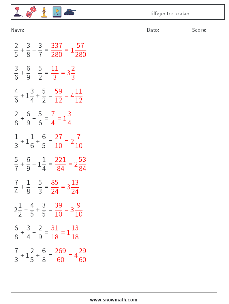 (10) tilføjer tre brøker Matematiske regneark 16 Spørgsmål, svar