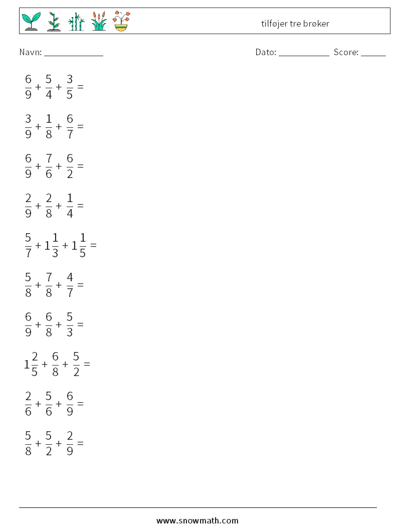 (10) tilføjer tre brøker Matematiske regneark 17