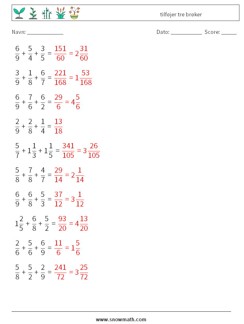 (10) tilføjer tre brøker Matematiske regneark 17 Spørgsmål, svar