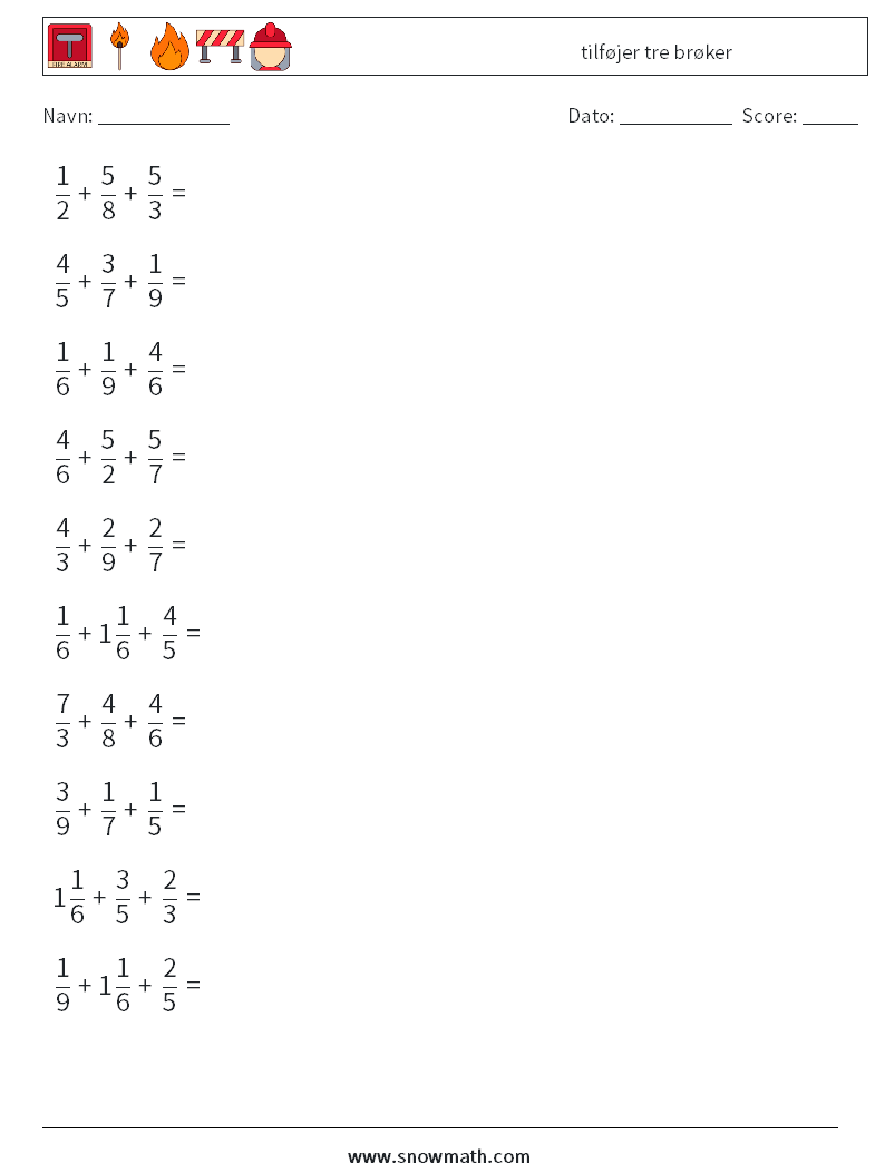 (10) tilføjer tre brøker Matematiske regneark 18