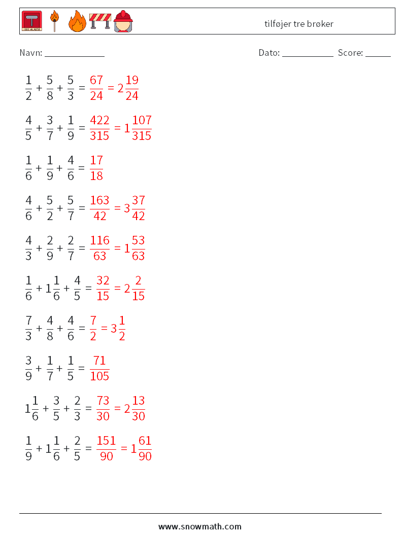 (10) tilføjer tre brøker Matematiske regneark 18 Spørgsmål, svar