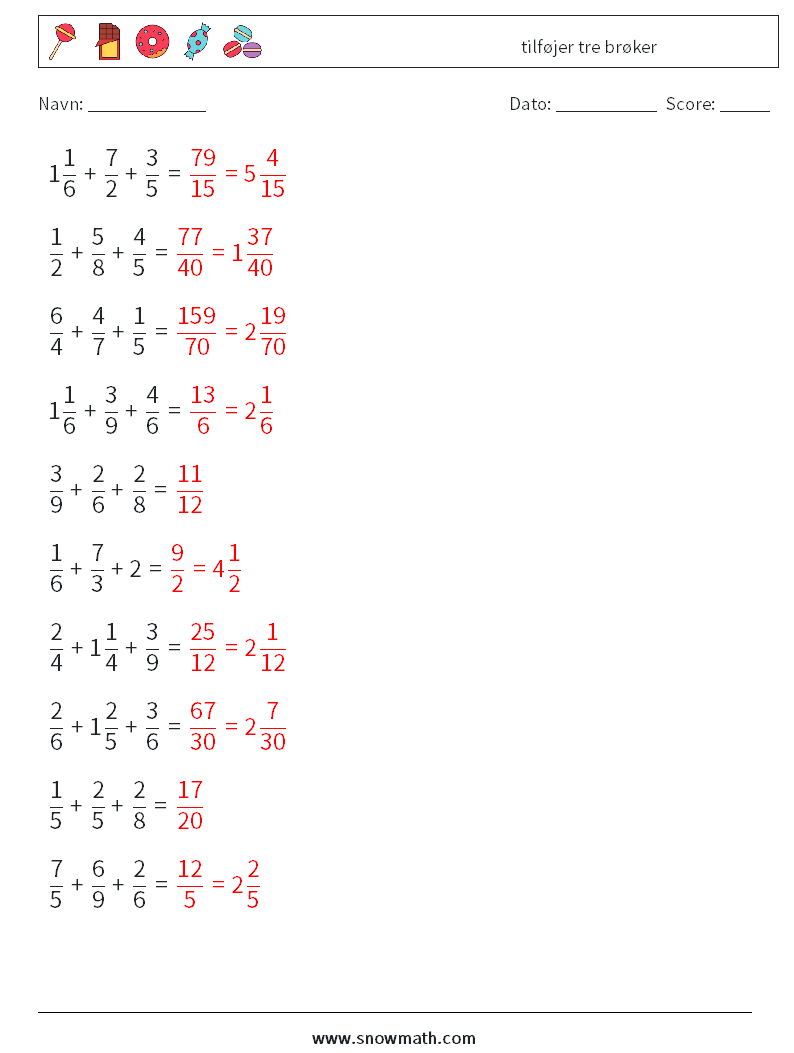 (10) tilføjer tre brøker Matematiske regneark 1 Spørgsmål, svar