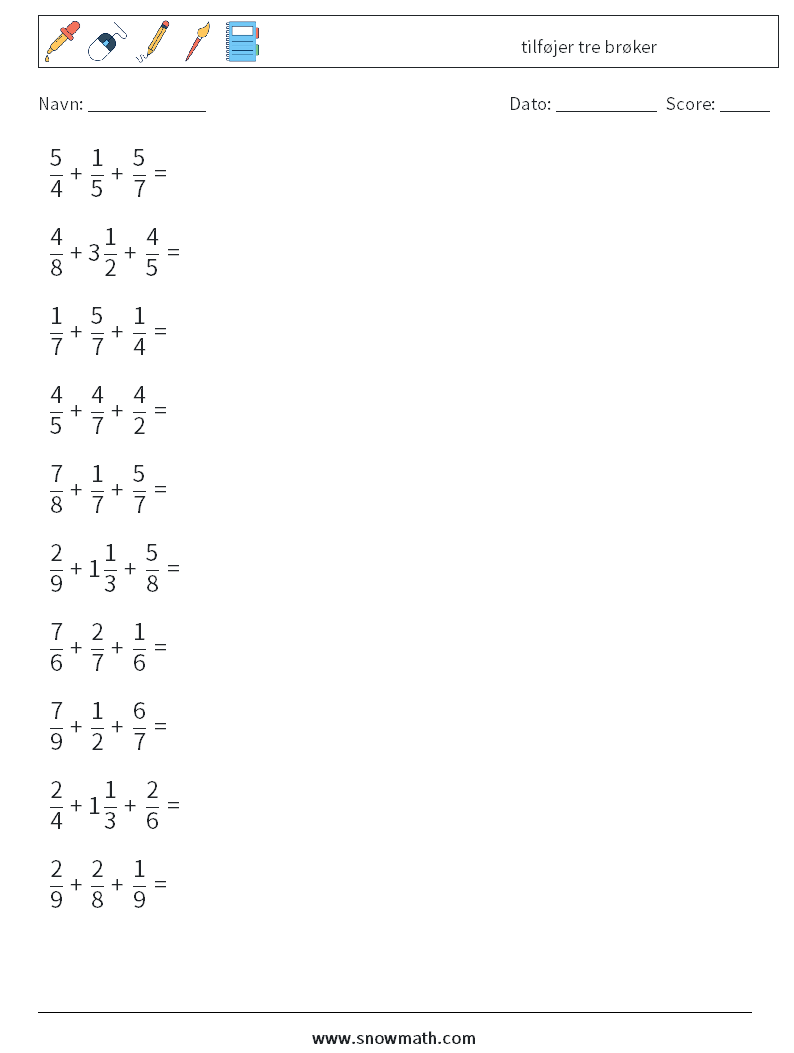 (10) tilføjer tre brøker Matematiske regneark 2