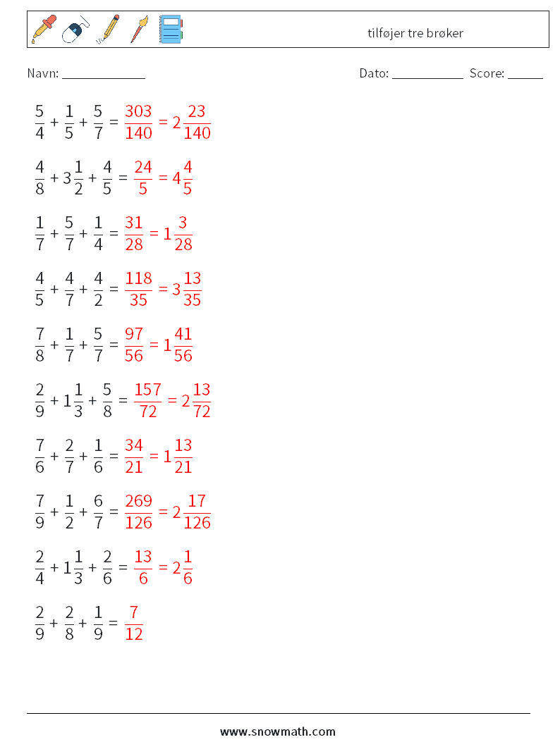 (10) tilføjer tre brøker Matematiske regneark 2 Spørgsmål, svar