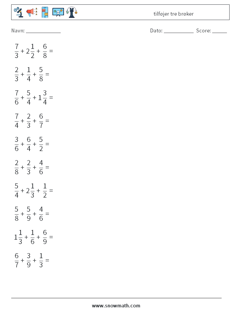 (10) tilføjer tre brøker Matematiske regneark 3