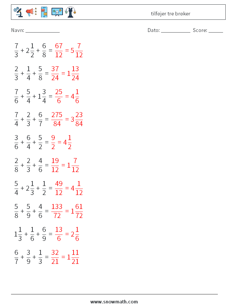 (10) tilføjer tre brøker Matematiske regneark 3 Spørgsmål, svar