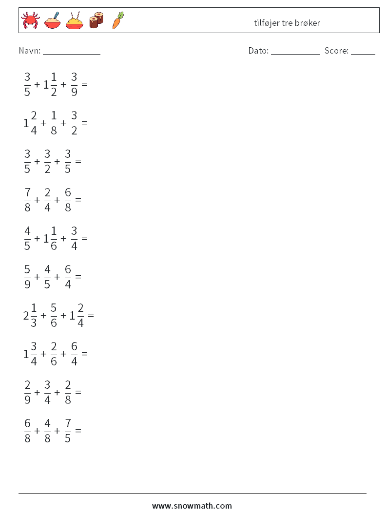 (10) tilføjer tre brøker Matematiske regneark 4