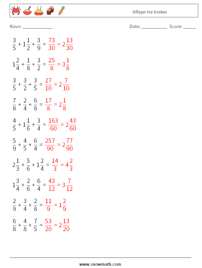 (10) tilføjer tre brøker Matematiske regneark 4 Spørgsmål, svar