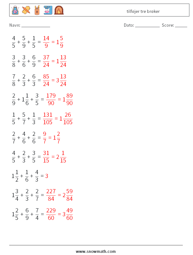 (10) tilføjer tre brøker Matematiske regneark 5 Spørgsmål, svar