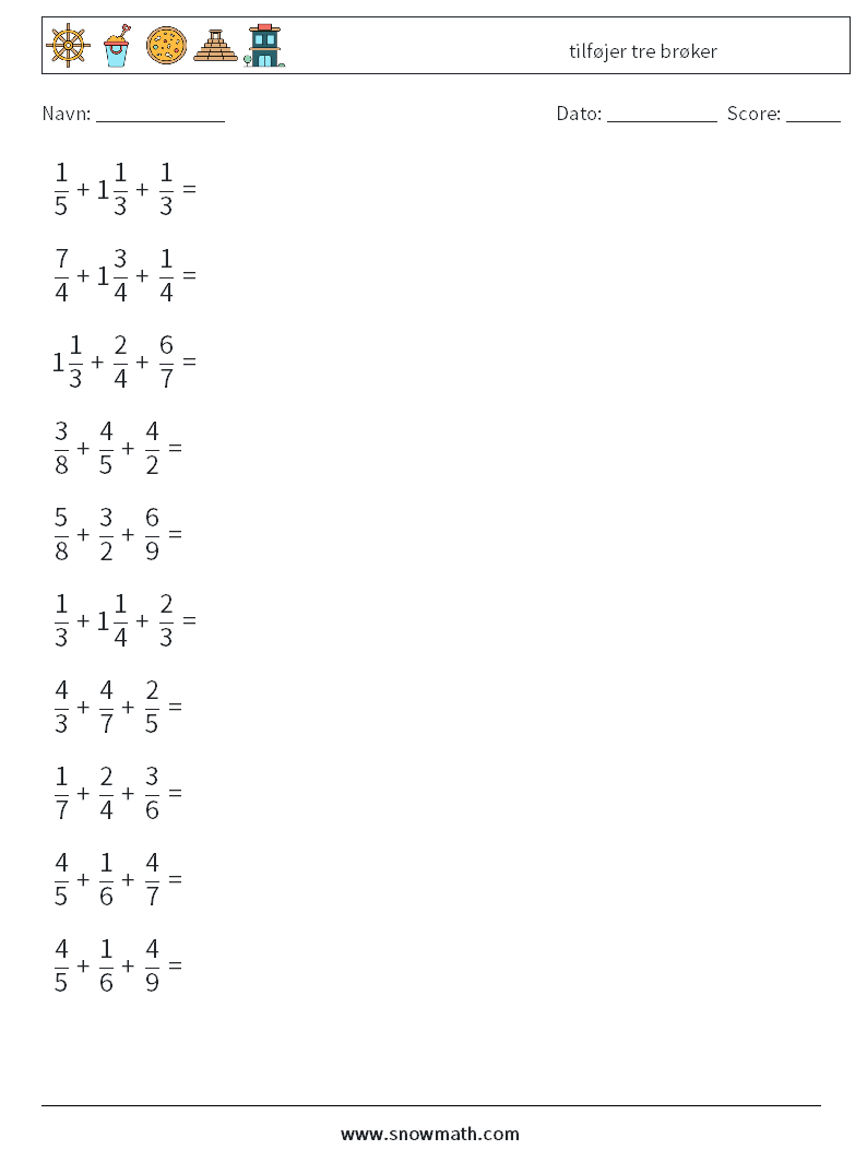 (10) tilføjer tre brøker Matematiske regneark 6