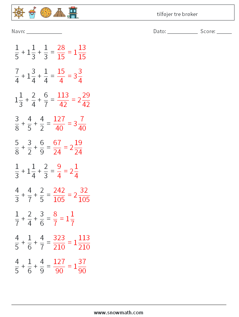 (10) tilføjer tre brøker Matematiske regneark 6 Spørgsmål, svar
