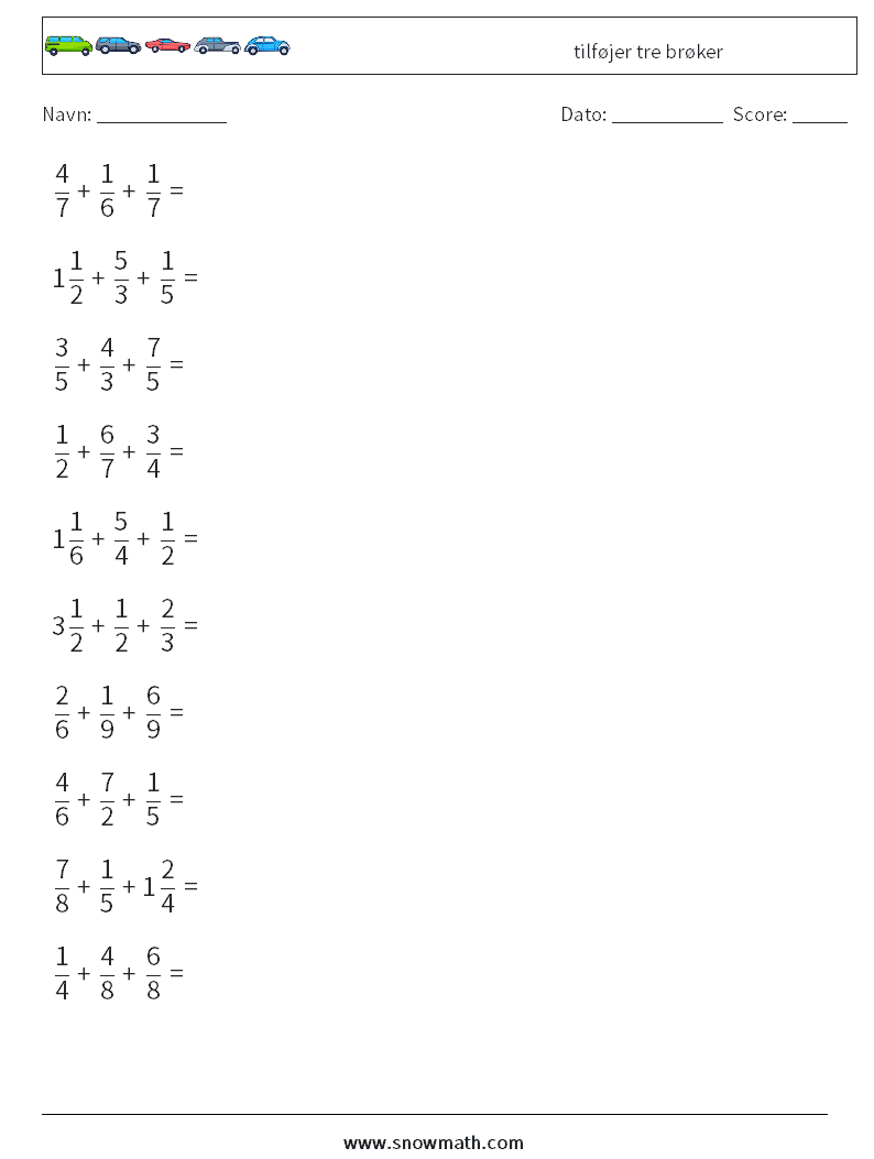 (10) tilføjer tre brøker Matematiske regneark 7