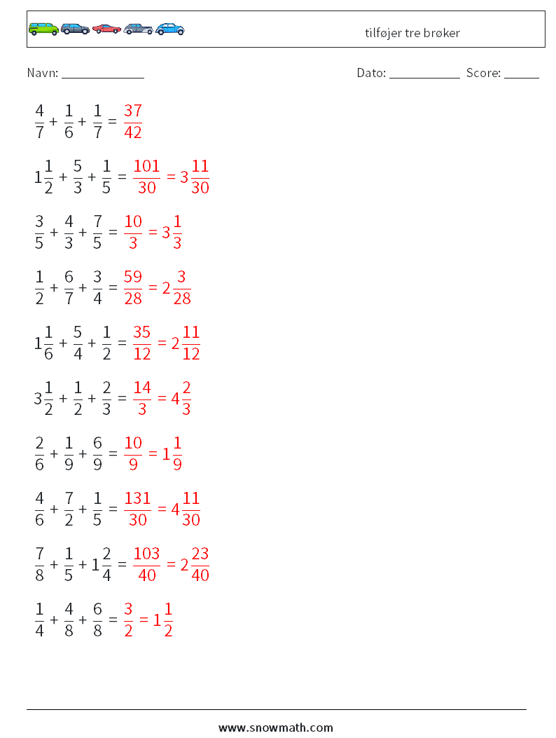 (10) tilføjer tre brøker Matematiske regneark 7 Spørgsmål, svar