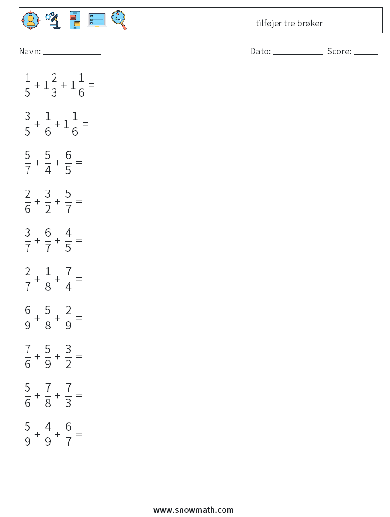 (10) tilføjer tre brøker Matematiske regneark 8