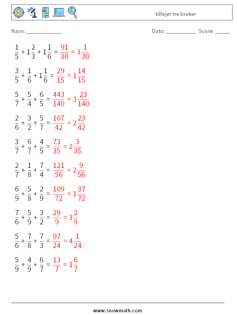 (10) tilføjer tre brøker Matematiske regneark 8 Spørgsmål, svar
