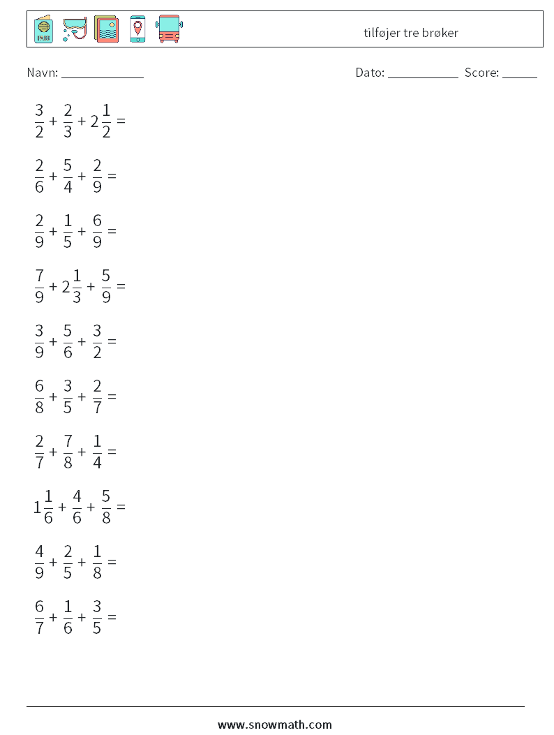 (10) tilføjer tre brøker Matematiske regneark 9