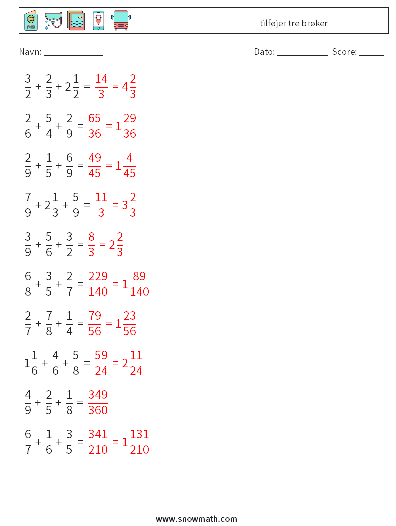 (10) tilføjer tre brøker Matematiske regneark 9 Spørgsmål, svar