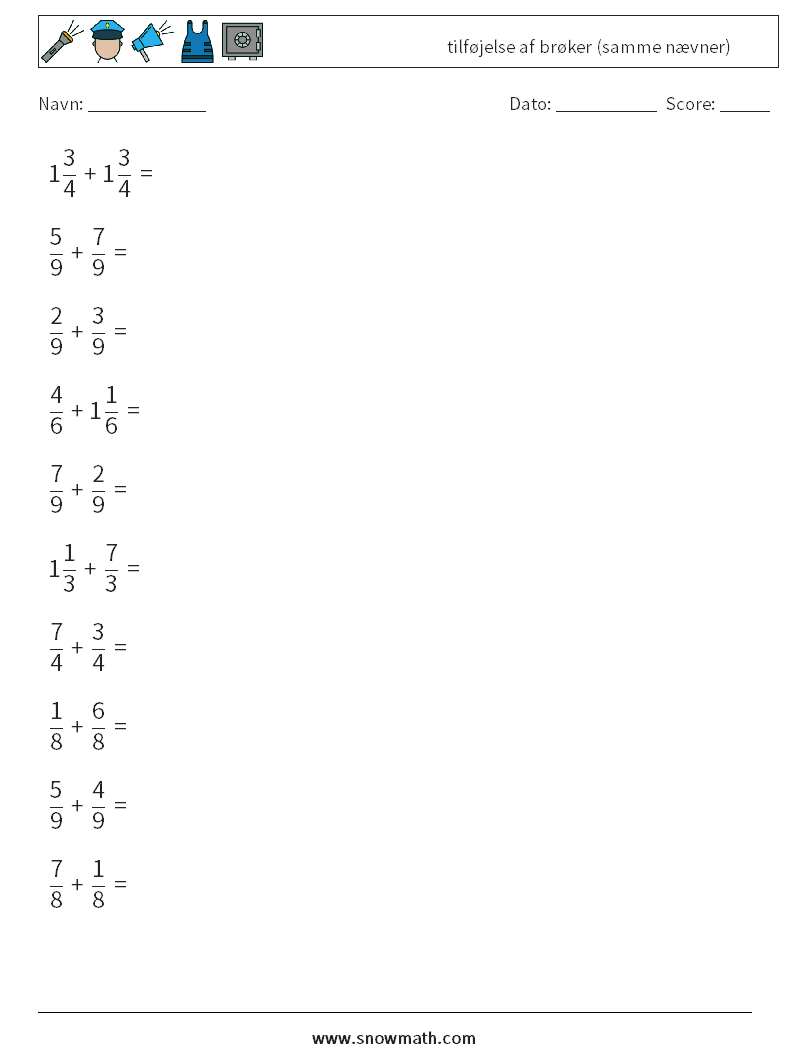 (10) tilføjelse af brøker (samme nævner) Matematiske regneark 1