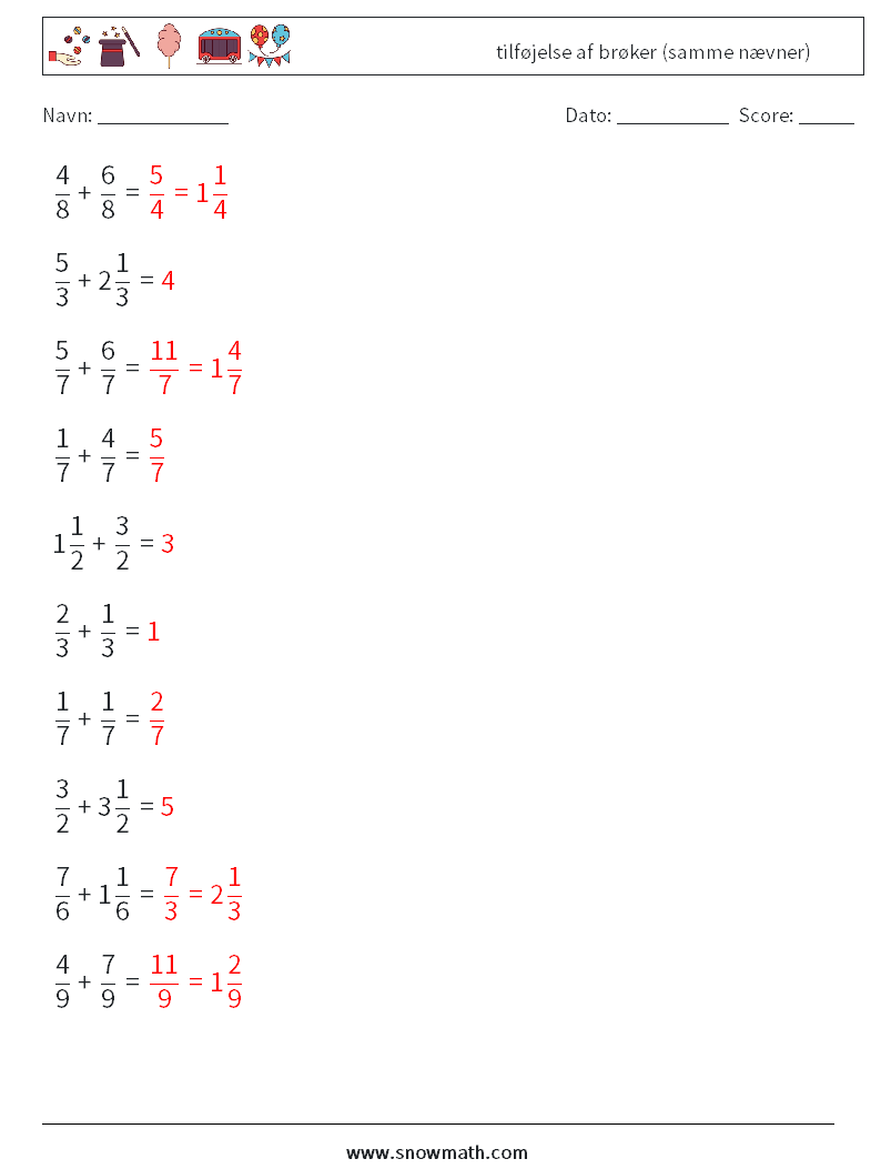 (10) tilføjelse af brøker (samme nævner) Matematiske regneark 10 Spørgsmål, svar
