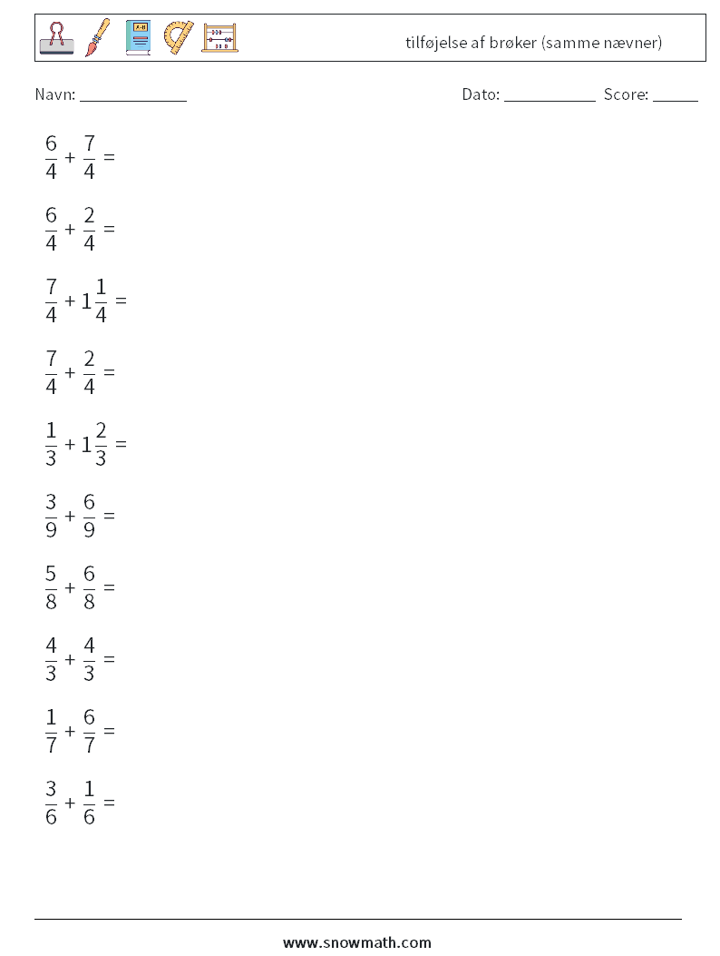 (10) tilføjelse af brøker (samme nævner) Matematiske regneark 11