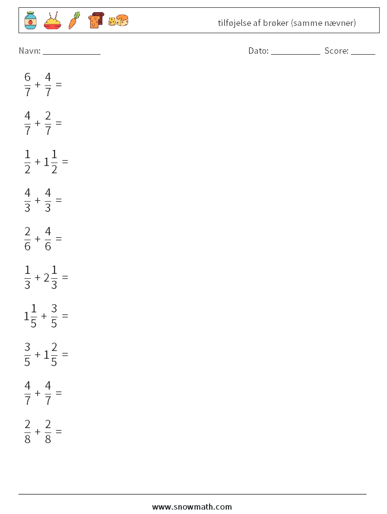(10) tilføjelse af brøker (samme nævner) Matematiske regneark 12