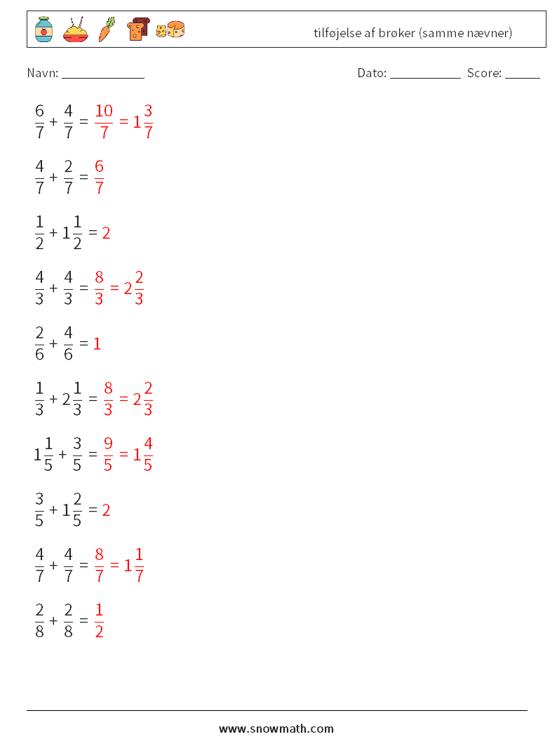 (10) tilføjelse af brøker (samme nævner) Matematiske regneark 12 Spørgsmål, svar