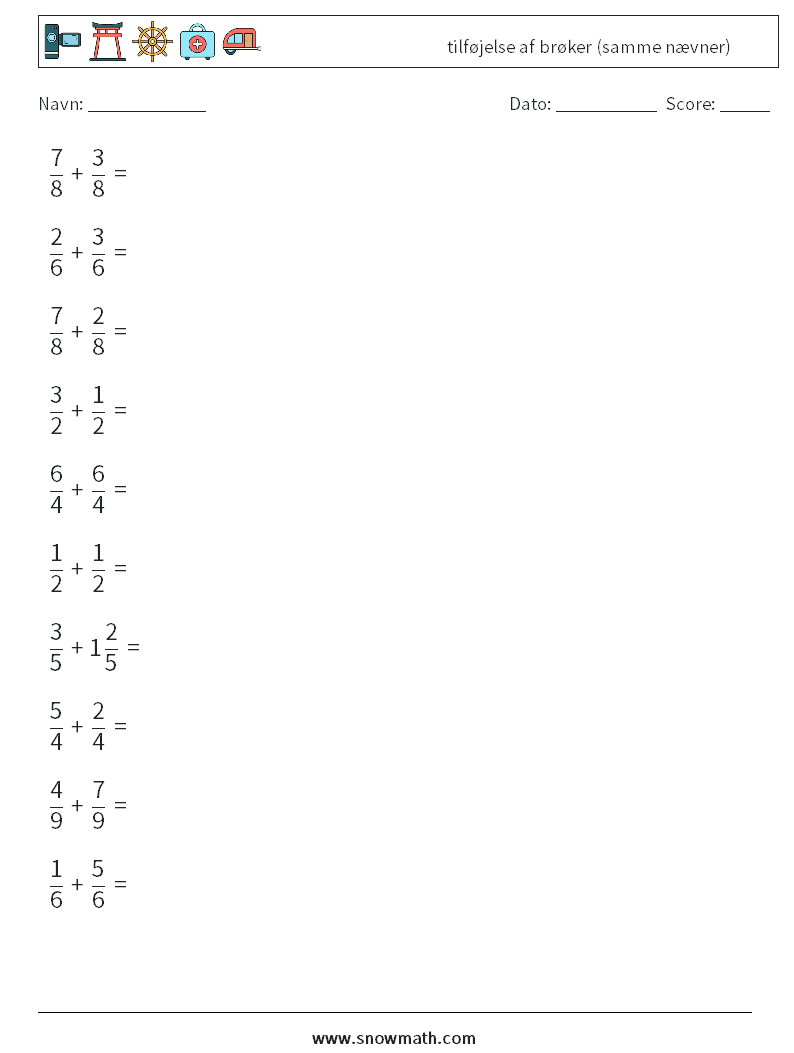 (10) tilføjelse af brøker (samme nævner) Matematiske regneark 13