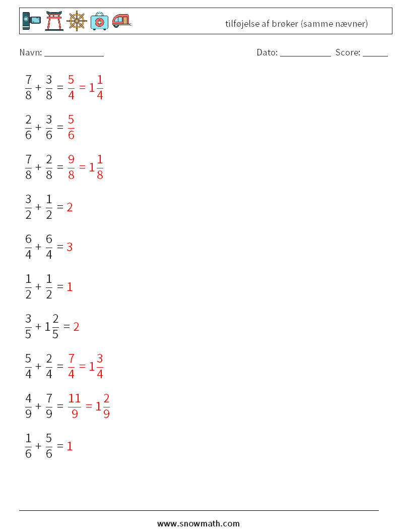 (10) tilføjelse af brøker (samme nævner) Matematiske regneark 13 Spørgsmål, svar