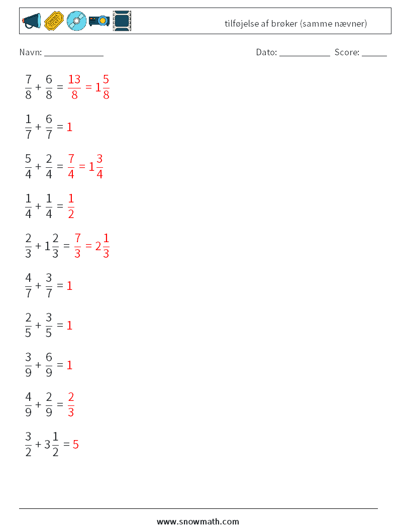 (10) tilføjelse af brøker (samme nævner) Matematiske regneark 14 Spørgsmål, svar