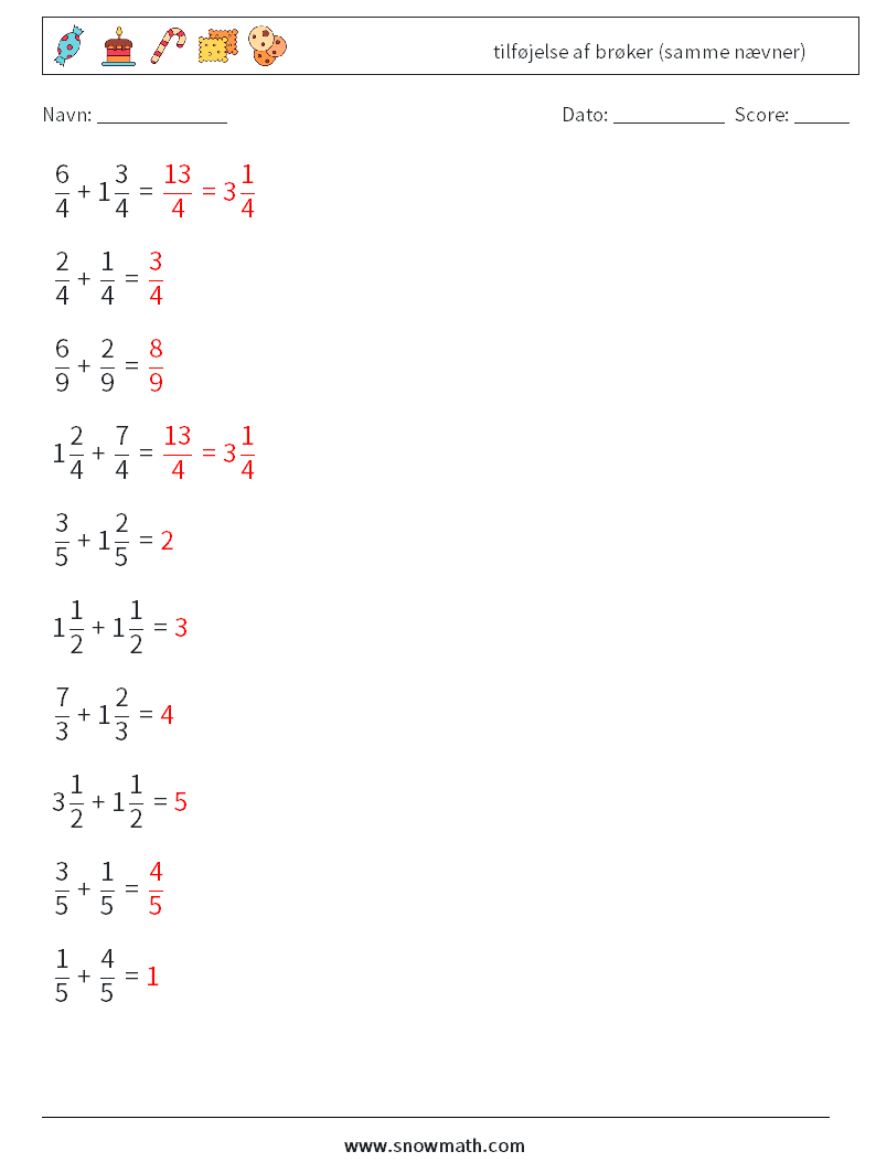 (10) tilføjelse af brøker (samme nævner) Matematiske regneark 15 Spørgsmål, svar