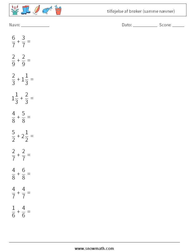 (10) tilføjelse af brøker (samme nævner) Matematiske regneark 16