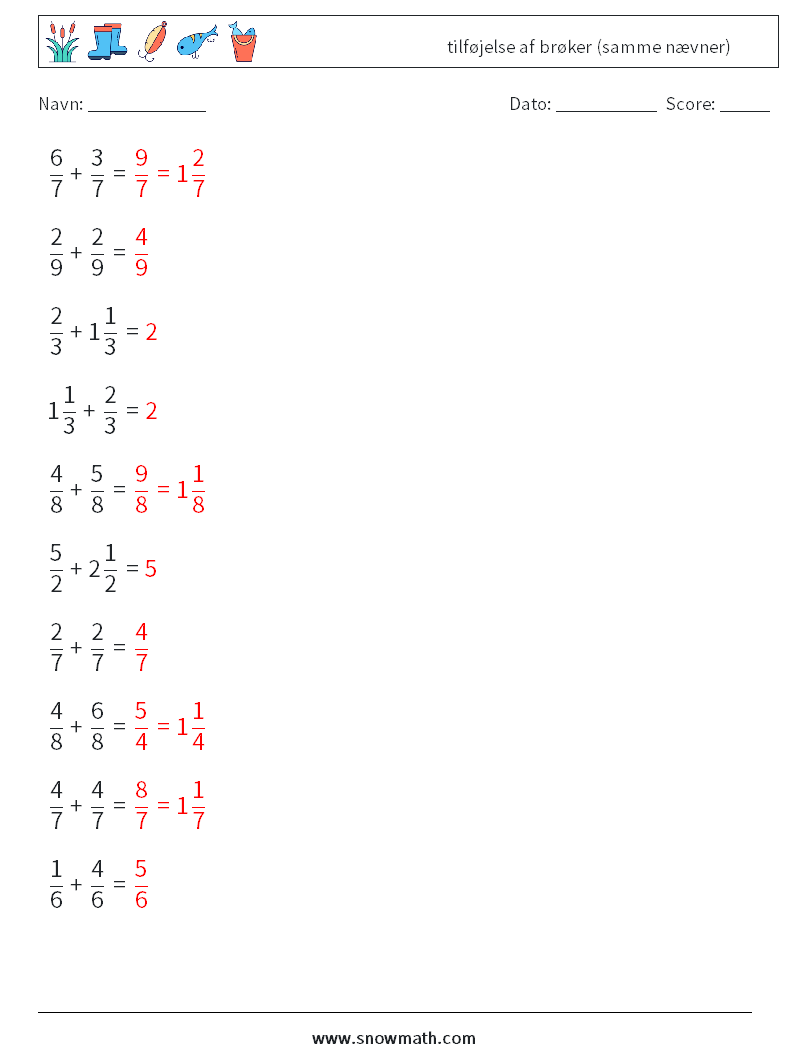 (10) tilføjelse af brøker (samme nævner) Matematiske regneark 16 Spørgsmål, svar