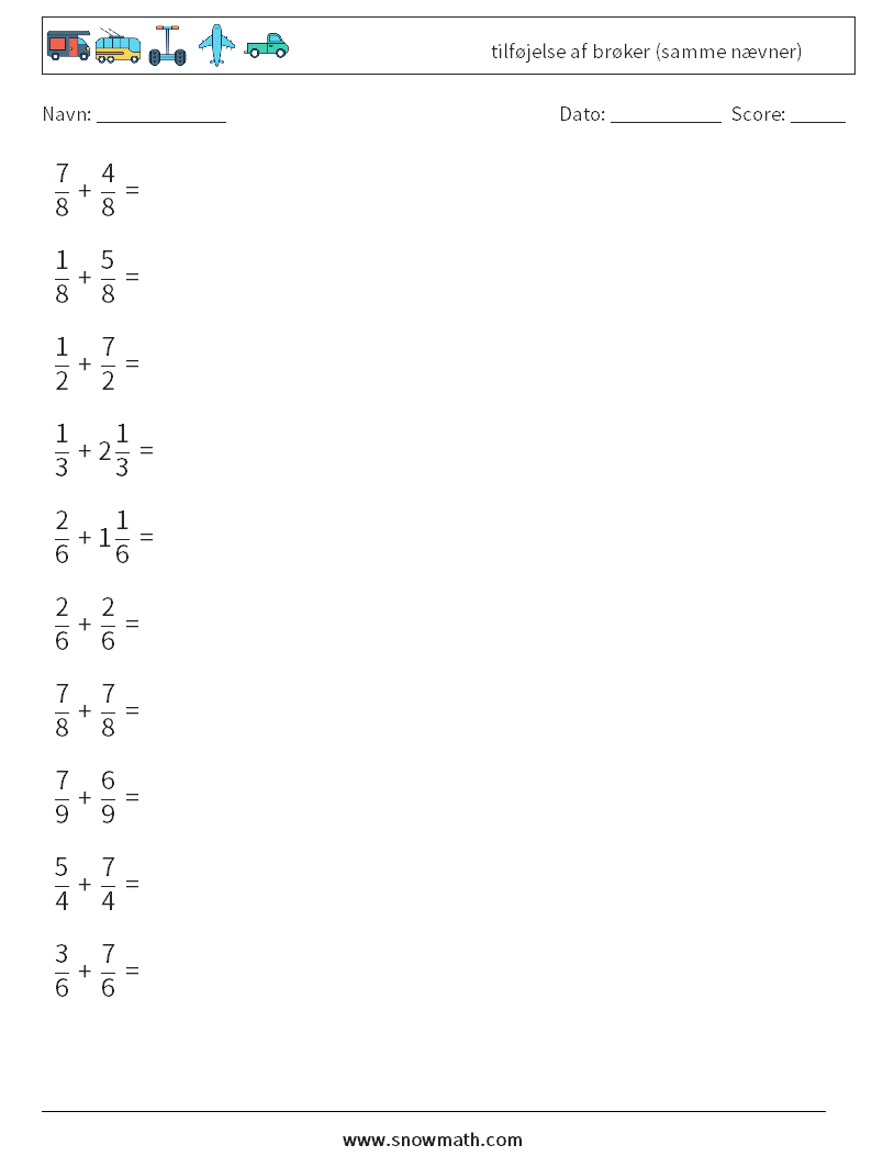 (10) tilføjelse af brøker (samme nævner) Matematiske regneark 17