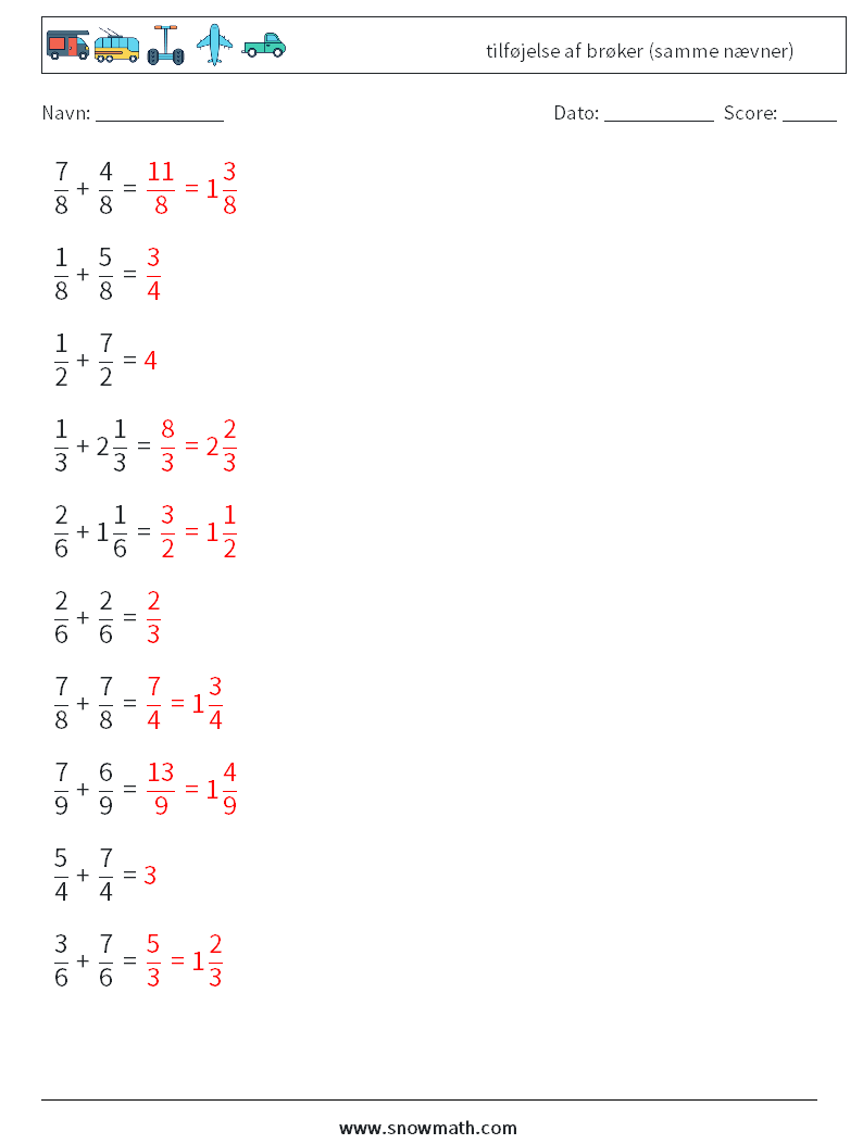 (10) tilføjelse af brøker (samme nævner) Matematiske regneark 17 Spørgsmål, svar