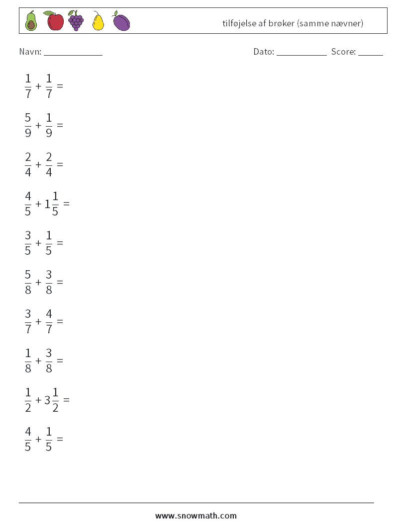 (10) tilføjelse af brøker (samme nævner) Matematiske regneark 18