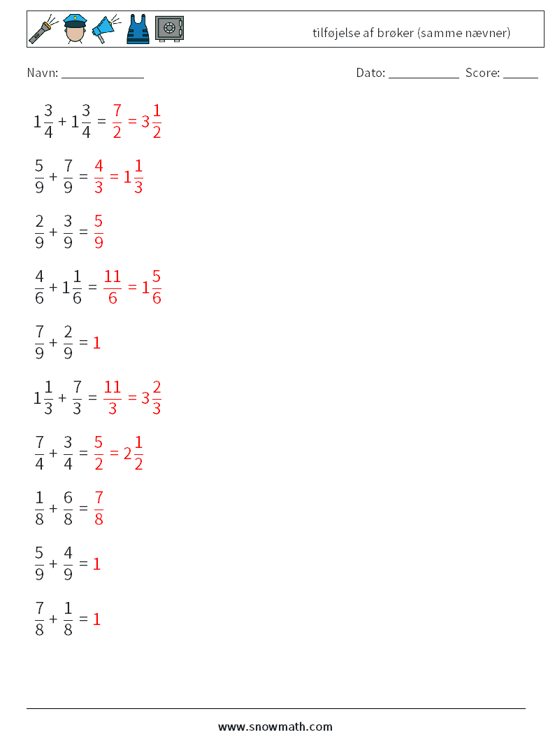 (10) tilføjelse af brøker (samme nævner) Matematiske regneark 1 Spørgsmål, svar