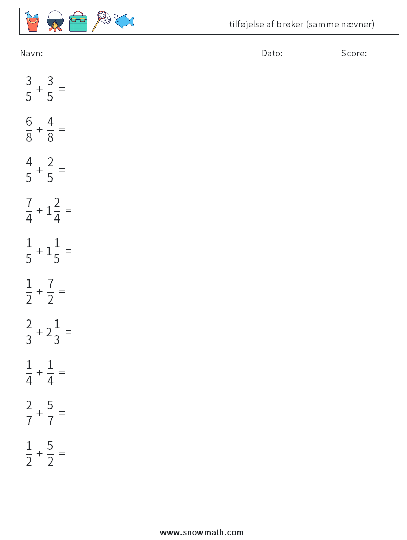 (10) tilføjelse af brøker (samme nævner) Matematiske regneark 2