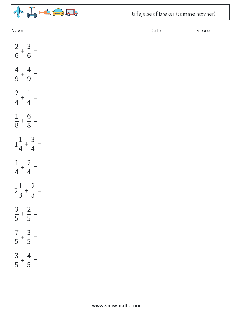 (10) tilføjelse af brøker (samme nævner) Matematiske regneark 3