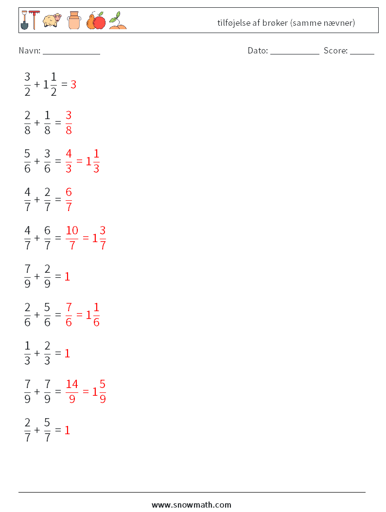 (10) tilføjelse af brøker (samme nævner) Matematiske regneark 4 Spørgsmål, svar