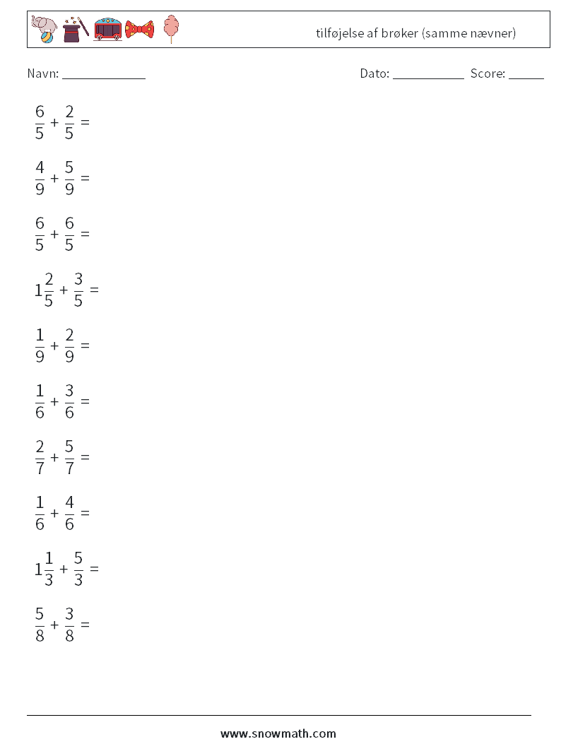 (10) tilføjelse af brøker (samme nævner) Matematiske regneark 8